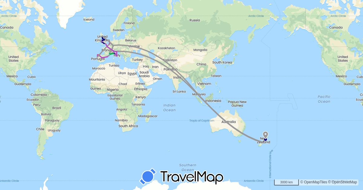 TravelMap itinerary: driving, bus, plane, train, hiking, boat in Belgium, Switzerland, Germany, Spain, France, United Kingdom, Italy, Netherlands, New Zealand, Portugal, Singapore (Asia, Europe, Oceania)